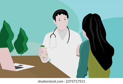 Vector illustration of doctor giving medicine to patient, flat design, wallpaper, background