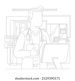 A vector illustration of a doctor with glasses. He is standing and wearing a white coat over his clothes. He is holding a clipboard. In front of him is a computer monitor. 