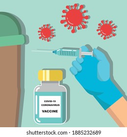 Vector illustration Doctor hand wearing rubber glove with syringe and needle Covid-19 vaccine bottle treatment of coronavirus, human arm ready for immunization