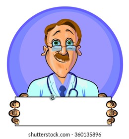 Vector illustration of a doctor holding blank banner in his hands. Can be used as an advertisement.  Made in comic cartoon style.