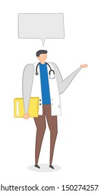 Vector illustration doctor holding folder and talking. Hand drawn. Colored outlines.
