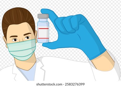 Vector illustration of doctor holding vial in hand on transparent background