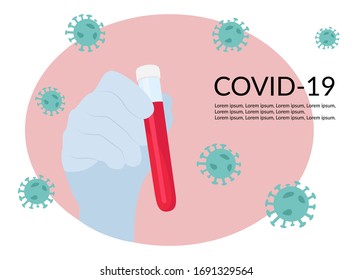 Ärzte oder Laborärzte hängen Handschuhe ein, die ein Coronavirus-Teströhrchen mit Blutprobe oder Virusimpfstoff halten. Medizinischer Begriff der Coronavirus-Krankheit 2019 COVID-19 oder SARS-CoV-2-Test, Nahaufnahme.