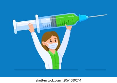 Vector illustration of Doctor Injection. Vaccination against viruses. Coronavirus protection. Pandemic. Girl with syringe isolated on white background.