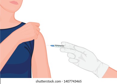 Vector illustration. Doctor injects vaccine in a patient's shoulder. Close up view. For medical publications, immunization and vaccination  campaign  of people  against infection and bacterial disease
