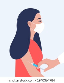 Vector illustration. Doctor injects vaccine in patient's shoulder. For medical publications, immunization and vaccination campaign of people against infection, bacterial disease. Vector illustration