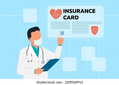 Vector Illustration Of Doctor Interacting With Virtual Health Insurance Card Online And Pointing To A Digital Medical Form