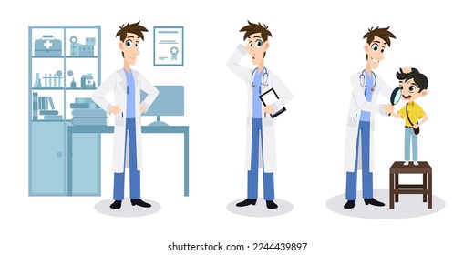Vector illustration of a doctor isolated on white background. Cartoon character of a doctor in medical clothes and with a stethoscope is examining a child in the office.