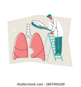 Ilustración vectorial del médico que observa el órgano pulmonar con la lupa ampliada. Diagnóstico conceptual en pulmonología, fisiología, enfermedades infecciosas. Se puede usar en diseño web, banners, etc.
