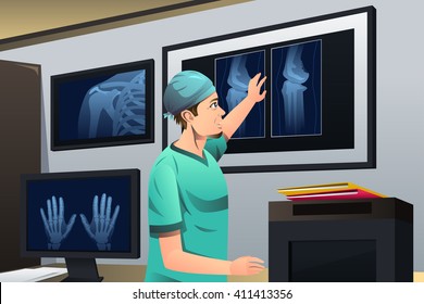 A vector illustration of doctor looking at x-ray on lightbox