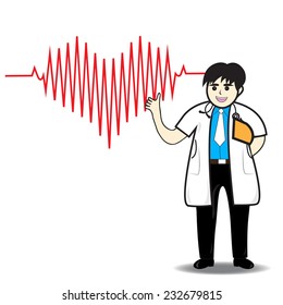 Vector illustration of Doctor man red heart beats with cardiogram