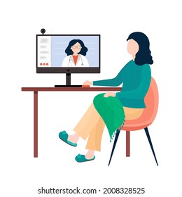 Vector illustration doctor in mask give online consultation her patient about vaccination card Covid-19. Period of coronavirus or sick. Video conferencing at home