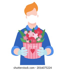 Vector illustration doctor in mask give online consultation about vaccination card Covid-19. Period of coronavirus or sick. Video conferencing at home.	
