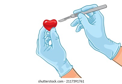 Vector illustration of doctor in medical gloves holding bright red heart with stainless steel surgical scalpel,heart disease treatment,work with love,isolated on white.Good health,happy Valentines Day