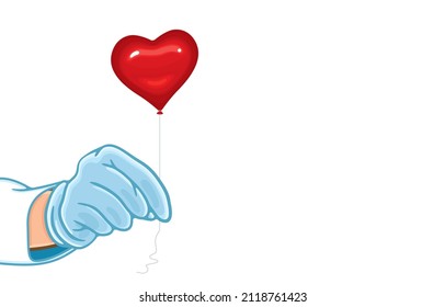 Vector illustration of doctor in medical gloves holding red heart balloon, care medical, national cardiology day, world heart day, work with love, isolated on white.Healthy Happy Valentine's Day.