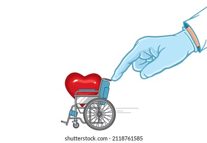 Vector illustration of doctor in medical gloves pushing wheelchair and bright red heart,heart attack,emergency,crisis,care medical,world heart day,love,isolated on white.Healthy Happy Valentine's Day.