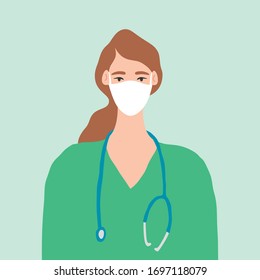 Vector illustration of doctor in medical mask with stethoscope. Medical staff avatar icon. Flat hospital worker character design