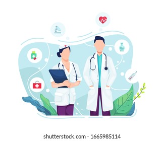 Vector illustration Doctor and Nurse. Medical staff team concept in hospital, Doctor and nurse portrait. Vector flat illustration