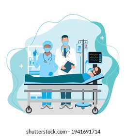 Vector illustration of a doctor and a nurse are standing at the bedside of a sick person connected to an artificial respiration apparatus in intensive care. Thanks to doctors for saving lives