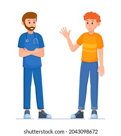 Vector Illustration Of Doctor And Patient. Two People Talking Standing Full-length.