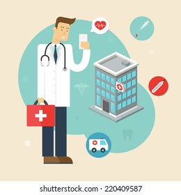 Vector illustration of a doctor with the phone in his hand near the hospital. Flat style 