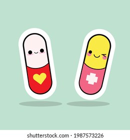 Vector Illustration Doctor Pill Help Aspirin Hospital Background Medical Tablet Website Medication Vitamin Pharmacy Care Capsule Funny Cute Baby Face Heart Pictogram Cartoon Icon Happy Graphic Design