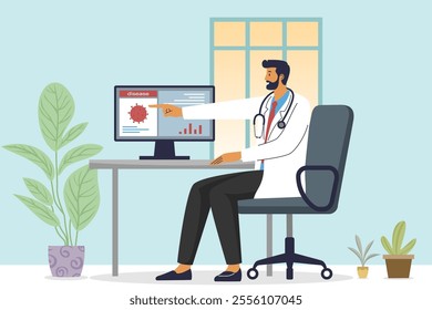 Vector illustration of a doctor pointing at a computer screen displaying virus data, representing research and analysis.
