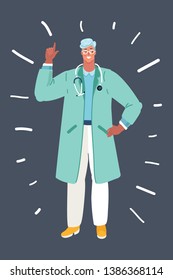 Vector illustration of doctor pointing up with his forefinger. Human male character on dark.