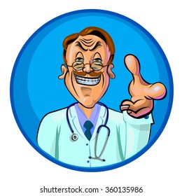 Vector illustration of a doctor pointing with his index finger. Can be used as an advertisement.  Made in comic cartoon style.