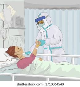 Vector illustration of a a doctor with (PPE) examining patient lying in bed and feeling strong and fighting with coronavirus hand in hand during  COVID-19 Pandemic Outbreak
