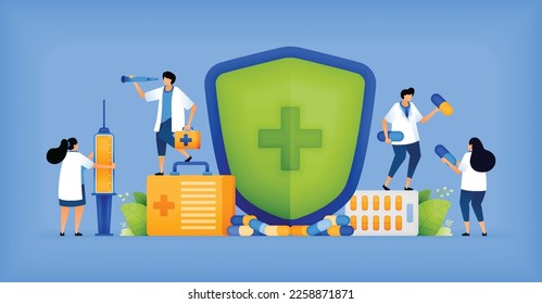 Ilustración vectorial de la prescripción de medicamentos con protección protectora para la seguridad. Profesional médico con protección y receta. Puede usarse para anuncios, afiches, campañas, sitios web, aplicaciones