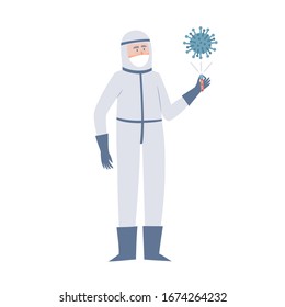 Ilustración vectorial del médico con ropa protectora aislada en blanco. Trabajador médico con protección contra la contaminación atmosférica urbana, las enfermedades transmitidas por el aire, el coronavirus.