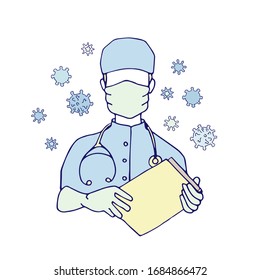 Vektorillustration eines Arztes in einer Schutzmaske und Einmalhandschuhe mit einer Karte der Erkrankung des Patienten, Symbol einzeln auf weißem Hintergrund