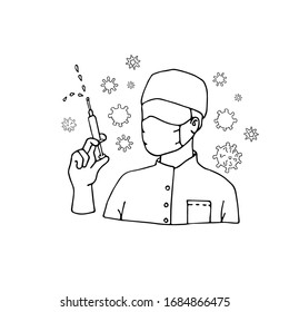 Ilustración vectorial de un médico con una máscara protectora y guantes desechables con una jeringa de vacuna de virus, icono aislado en fondo blanco