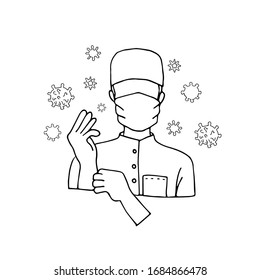 Vector Illustration Of A Doctor In A Protective Mask Puts On Disposable Gloves, Icon Isolated On White Background