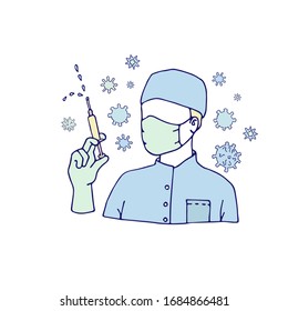 Ilustración vectorial de un médico con una máscara protectora y guantes desechables con una jeringa de vacuna de virus, icono aislado en fondo blanco
