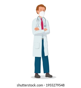 Vector illustration of a doctor with protective mask. Professional doctor. Hospital worker.