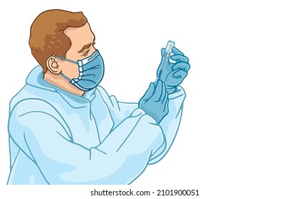 Vector illustration of doctor in protective suit wear medical blue mask and gloves and suck Omicron Variant Covid-19 vaccine in vial by syringe,on white,new coronavirus outbreak,Global epidemic.