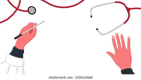 Vector illustration of a doctor s office workplace. Table, top view, curved phonendoscope, writing hands of doctor are depicted. Empty space for text, title. Concept design websites, banners, etc.