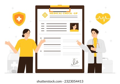 Vector illustration doctor showing medical check up form to patient. Vector health check up