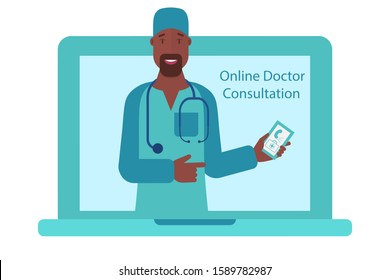 Vector illustration.
Doctor shows a hand on a smartphone on a laptop screen. The concept of health and modern technology in the form of online medical advice. For web banner, infographic.

