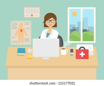 Vector illustration of a doctor sitting at the desk in in the hospital