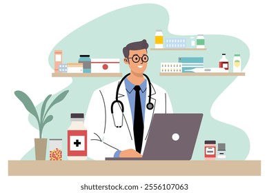 Vector illustration of a doctor sitting at a desk with medical supplies on shelves, representing healthcare and pharmacy.