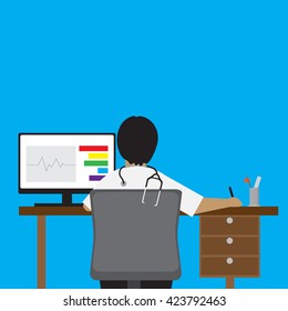 Vector Illustration Doctor Sitting At Office Desk And Working On His Computer With Medical Equipment All Around, Back View