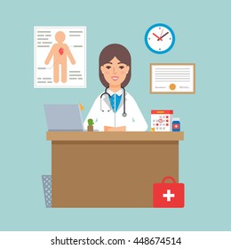 Vector illustration of a doctor sitting at the table in the office