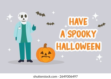 Ilustração vetorial de médico com cabeça de crânio, jack-o’-lanterna, morcegos voadores "Ter assustador Halloween" texto Creepy divertido estilo de desenho animado perfeito para temas de saúde de Halloween Conceito de instituição médica