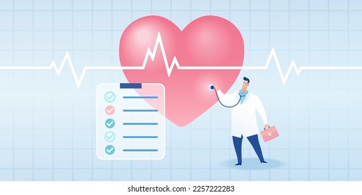 Vector illustration of a doctor with stethoscope checking up heart with cardiogram