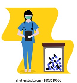 Vector illustration of a doctor with a stethoscope, a medical treatment step for dealing with the corona virus.
