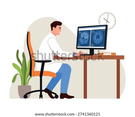  Vector illustration of a doctor studying MRI scans. Cartoon scene of a doctor sitting at a table, looking at a CT scan of the brain on a computer monitor, flowerpot isolated on a white background.
