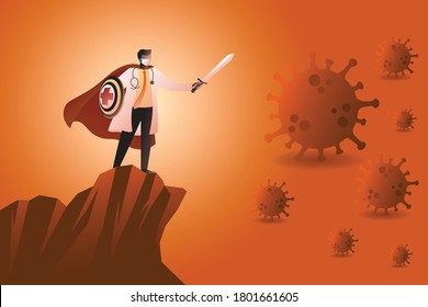 Vector illustration of doctor superhero with sword and shield fighting against pandemic viruses